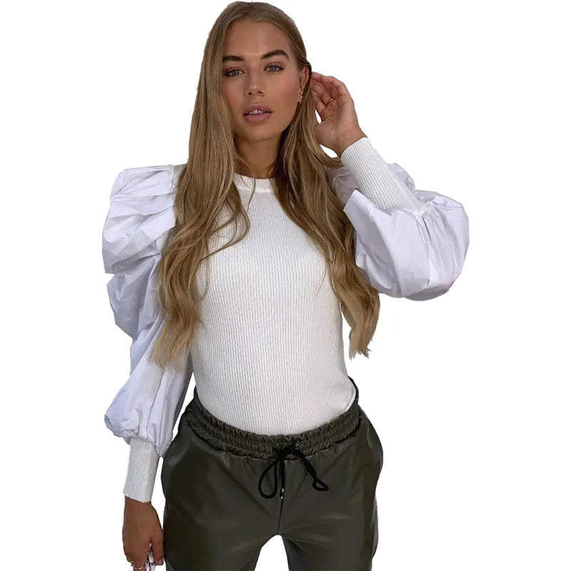 Solid Color Stitching Puff Sleeve Top