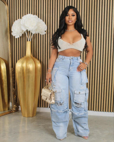 Casual Multi-pocket Hole Cargo Jeans