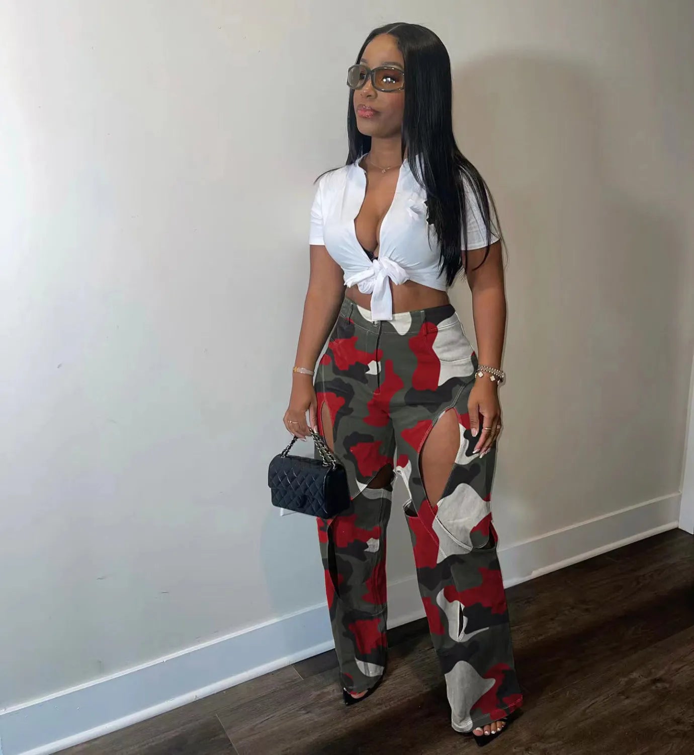 Fashion Digital Printing Hole Cross Workwear Straight Pants