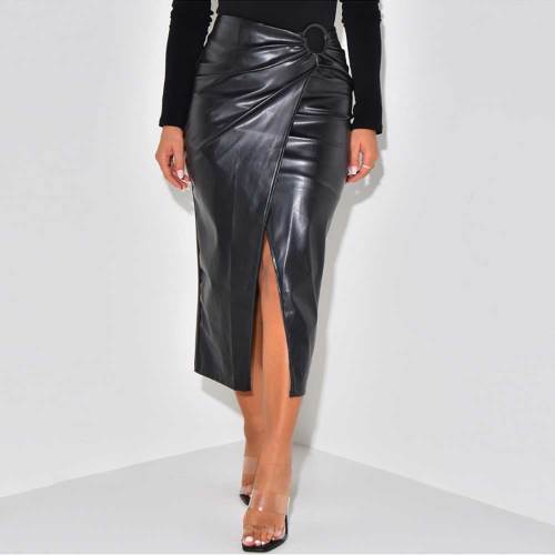 Solid Color High Waist Pleated Irregular Slit Midi Skirt