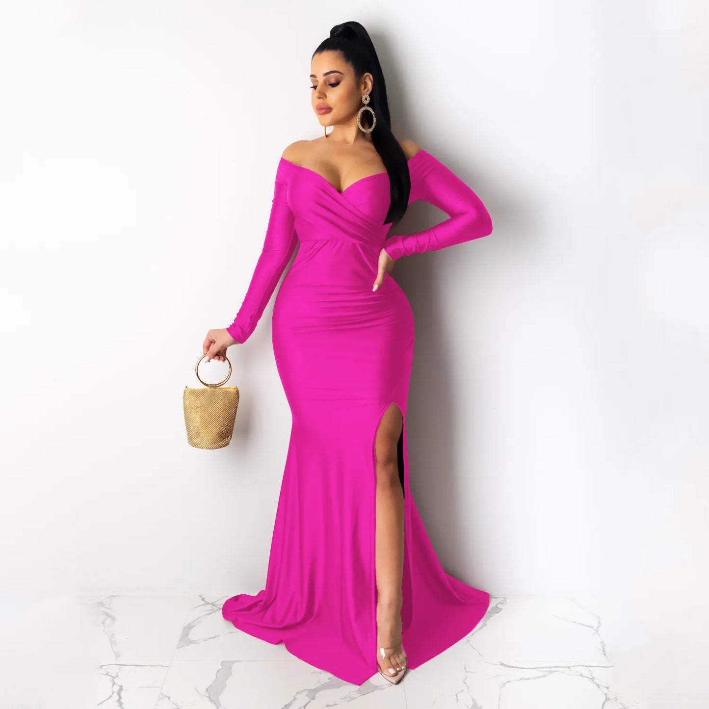 Solid Color Off Shoulder V Neck Split Evening Party Dresses