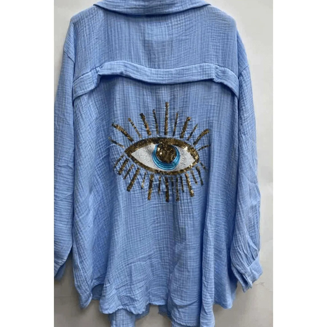Women's Ladies Evil Eye Button Up Oversized Summer Tunic Shirt Tops