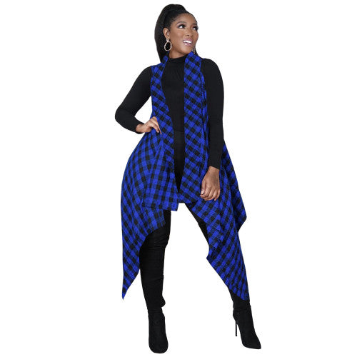 Casual Royal Blue Plaid Print Sleeveless Irregular Long Vest Coat