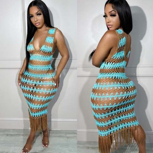 Sexy Sleeveless Knit Crochet Tassel Beach Dress