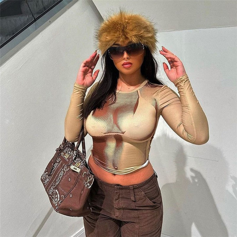 Trendy Round Neck Slim Long Sleeve Women's Tight Tops