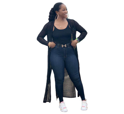 Casual Side High Slit Gauze Perspective Cardigan