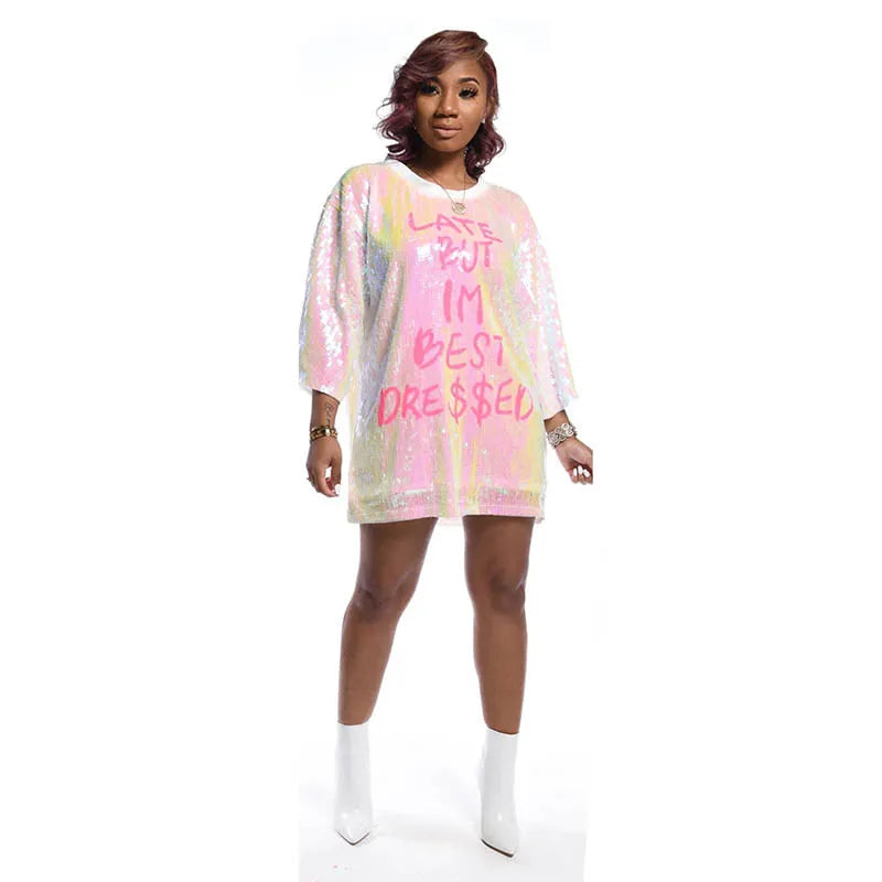 CASUAL LETTER PRINT SEQUIN TOP