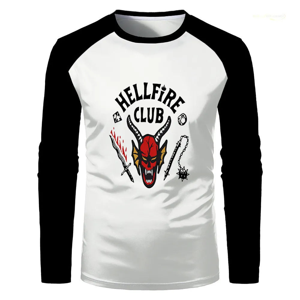 STRANGER THINGS 4 HELLFIRE CLUB LOGO RAGLAN BASEBALL TEE