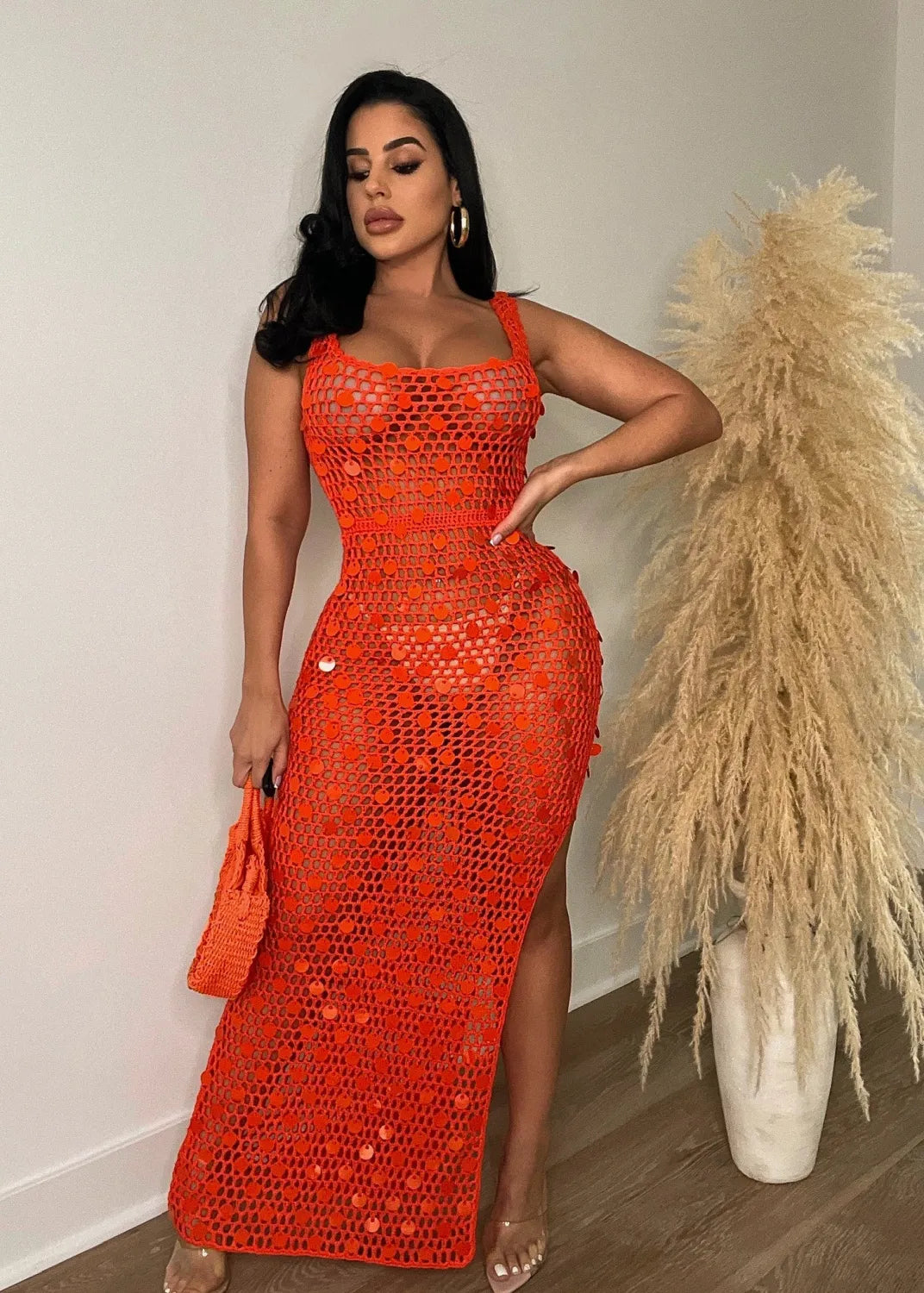 Hand-knitted Casual Hollow Sequined Vest Split Beach Dress