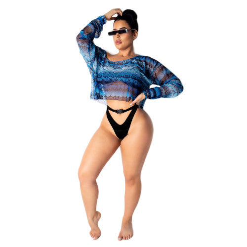 Blue Sexy Lantern Sleeve Snake Print Long Sleeve Beach Net Yarn Blouse (without bikini set)