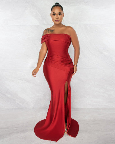 Drape Single Shoulder Side Slit Maxi Dress