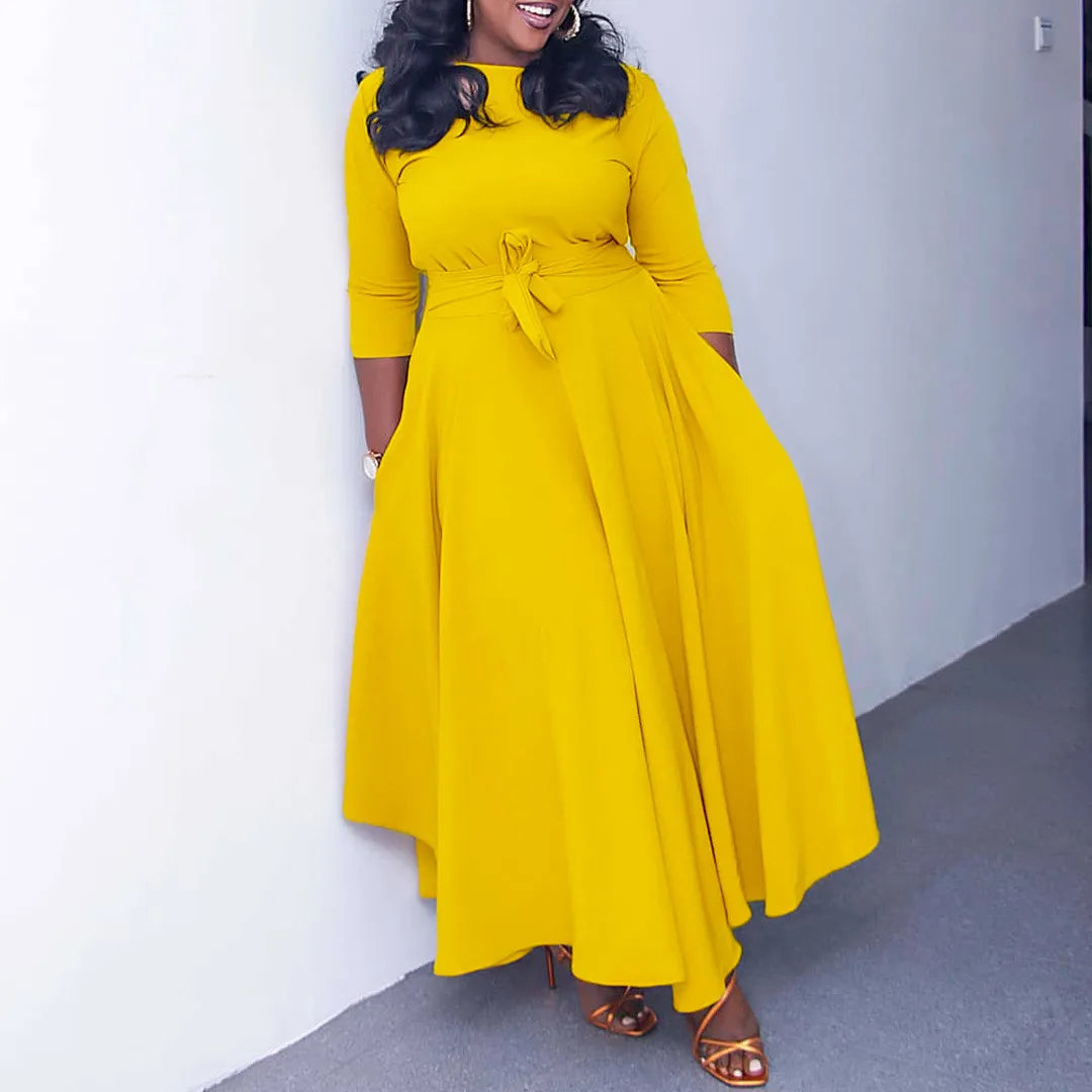 CASUAL AFRICAN ELEGANT LACE-UP LARGE SIZE LONG DRESS ROUND NECK DRESS