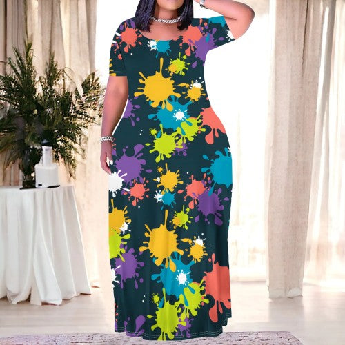 Casual Print Short Sleeve Plus Size Maxi Dresses