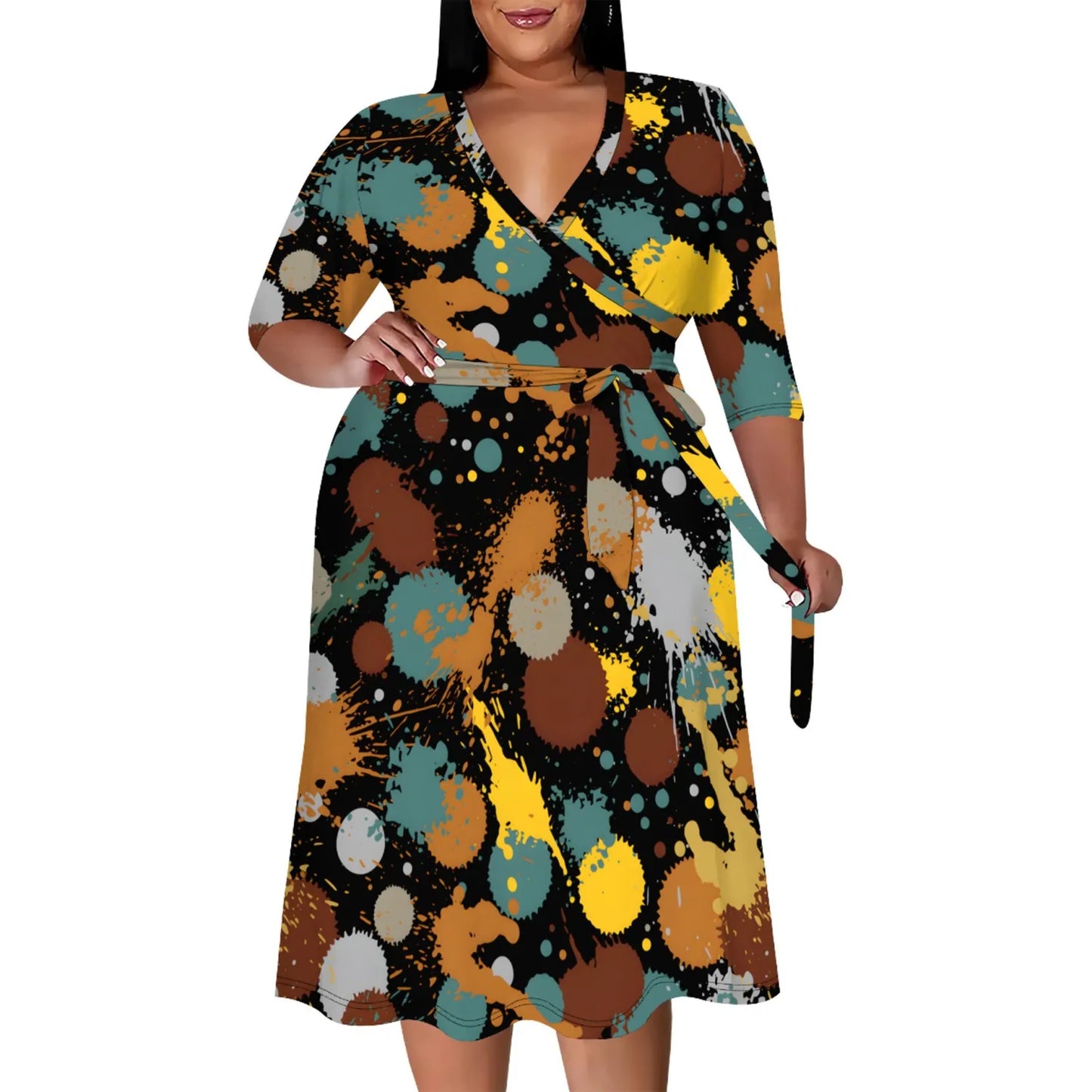 Custom Casual Print V Neck Plus Size Midi Dresses