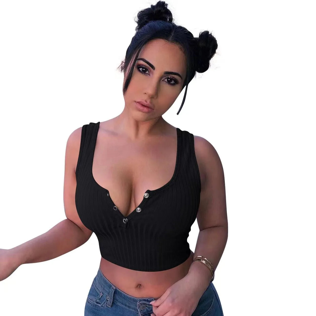 Casual Pit Buttoned Vest Crop Tops
