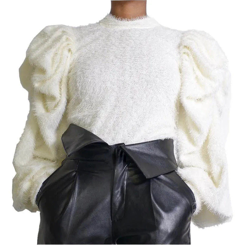 Sexy Knit Pleated Puff Sleeve Sweatshirt