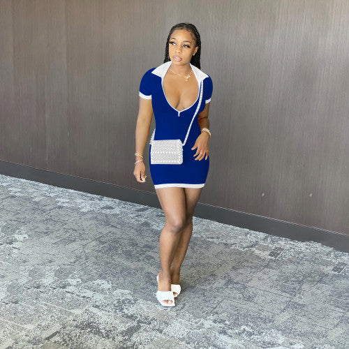 2024 Lapel Patchwork Zipper Pit Short Sleeve Mini Bodycon Dress
