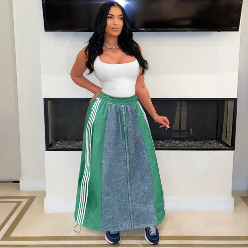 Retro Denim Patchwork Stripes A-Line Loose Skirt