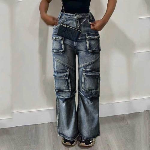 Casual Solid Patchwork Pocket High Waist Straight Denim Jeans
