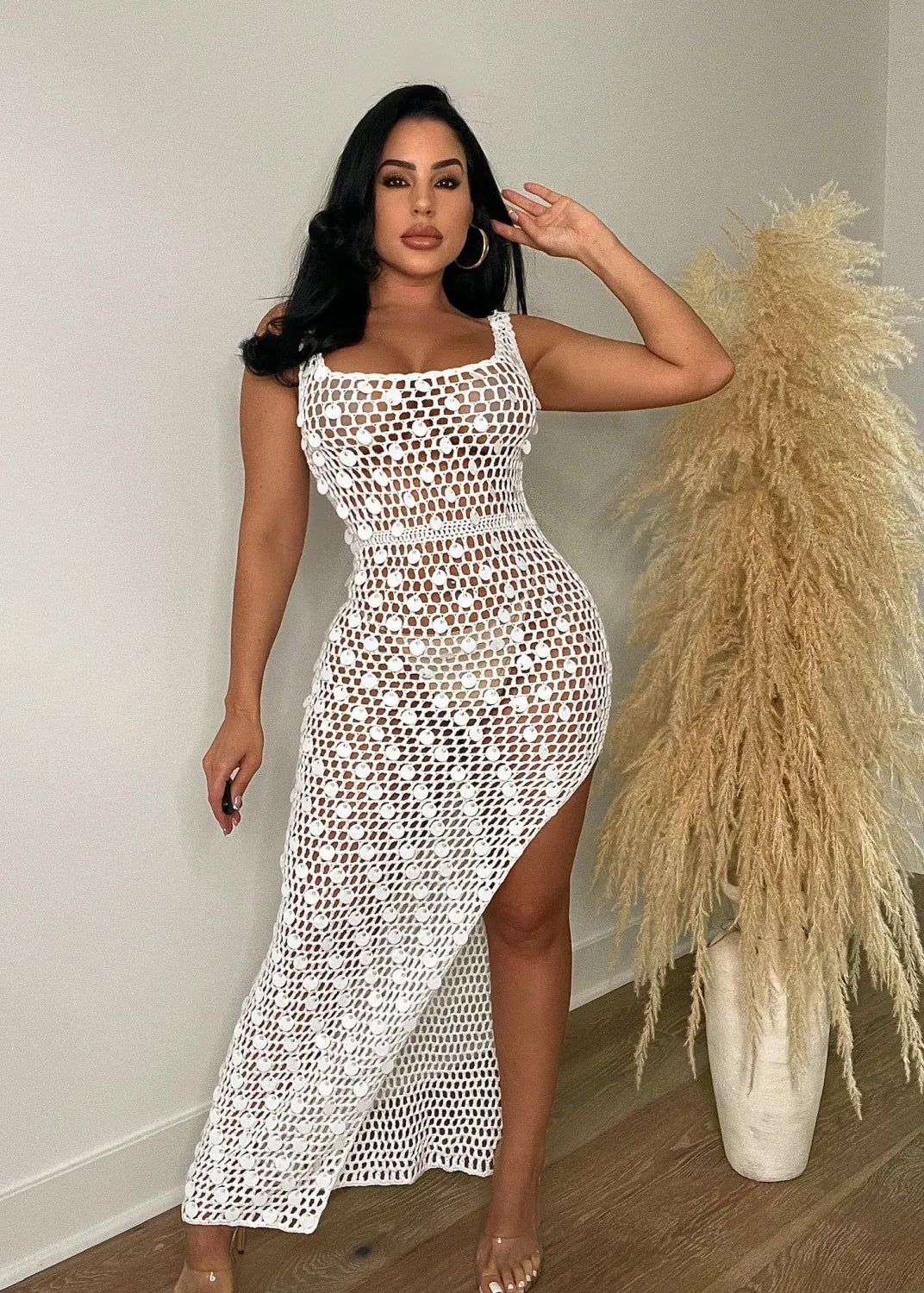 Hand-knitted Casual Hollow Sequined Vest Split Beach Dress