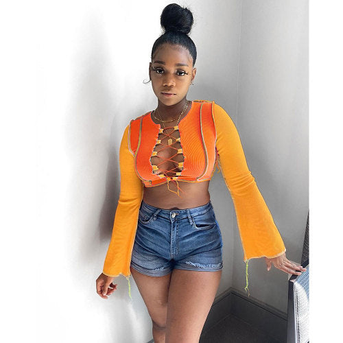 Sexy Contrast Color Stitching Pit Lace-up Crop Top
