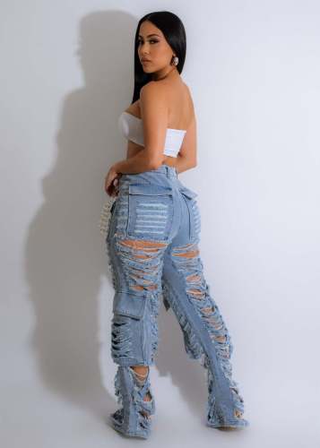 2023 Ripped Jeans Women 90s High Waist Straight Y2K Washed Denim Trousers