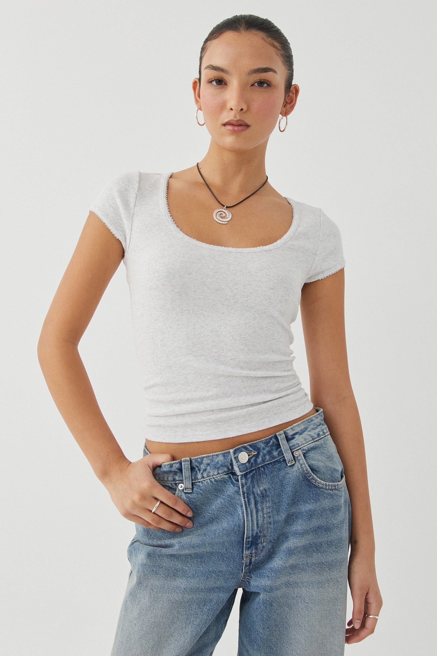SOLID COLOR U-NECK SPLICING SUMMER KNITTED SHORT SLEEVE T-SHIRT