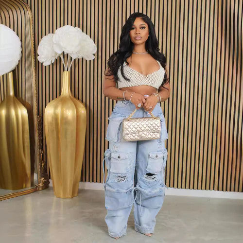 Casual Multi-pocket Hole Cargo Jeans