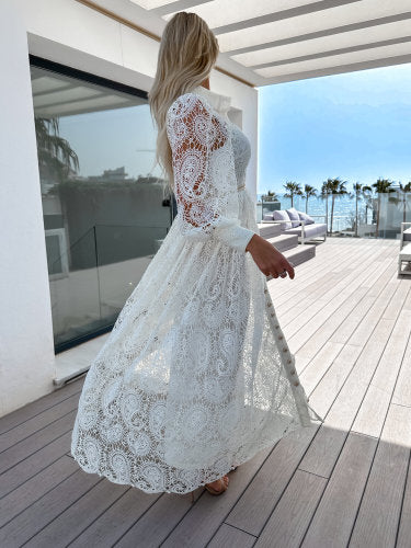 Lace Hollow Versatile Casual Lace Up Commuter INS Style Long Shirt Dress