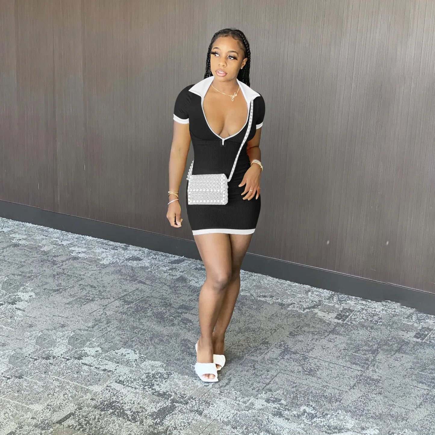 2024 Lapel Patchwork Zipper Pit Short Sleeve Mini Bodycon Dress