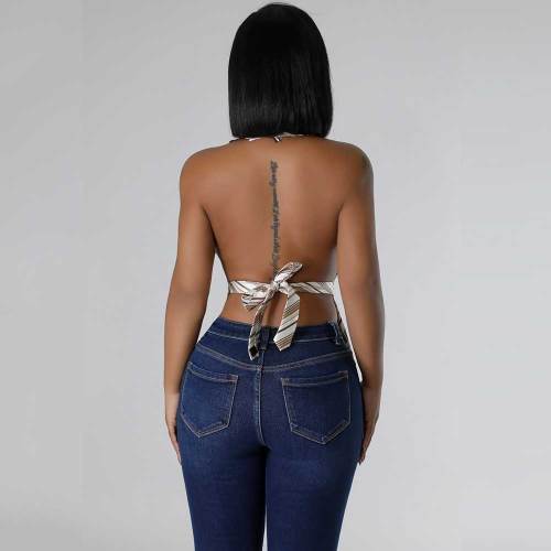 Sexy Backless Lace-up V-neck Striped Tie Stitching Vest