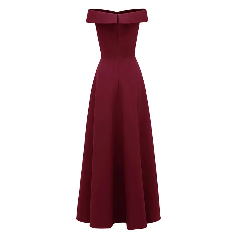 Satin V Neck Off Shoulder Maxi Bridesmaid Dress