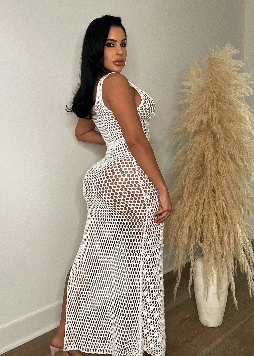 Hand-knitted Casual Hollow Sequined Vest Split Beach Dress