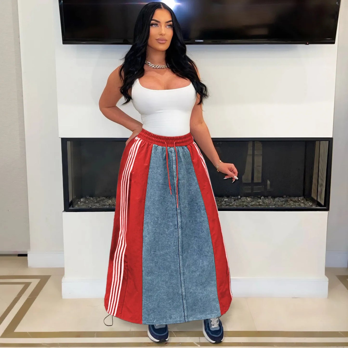 Retro Denim Patchwork Stripes A-Line Loose Skirt
