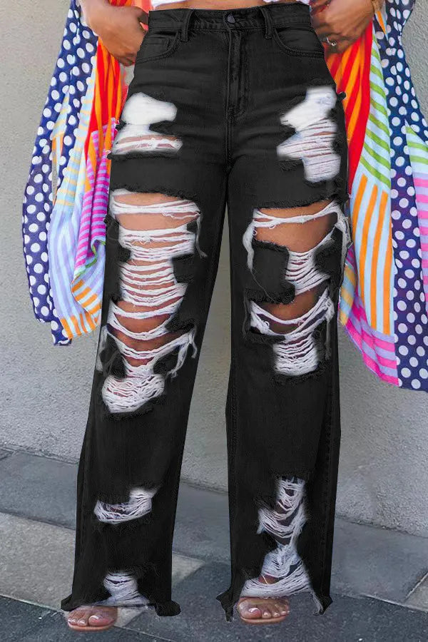 Women's Y2K Straight Leg Trousers Ripped Denim Distressed Jeans