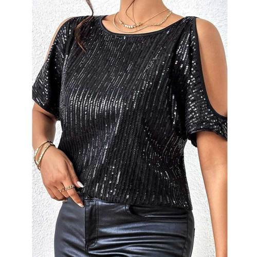 Cold Shoulder Sequin Decor Tee