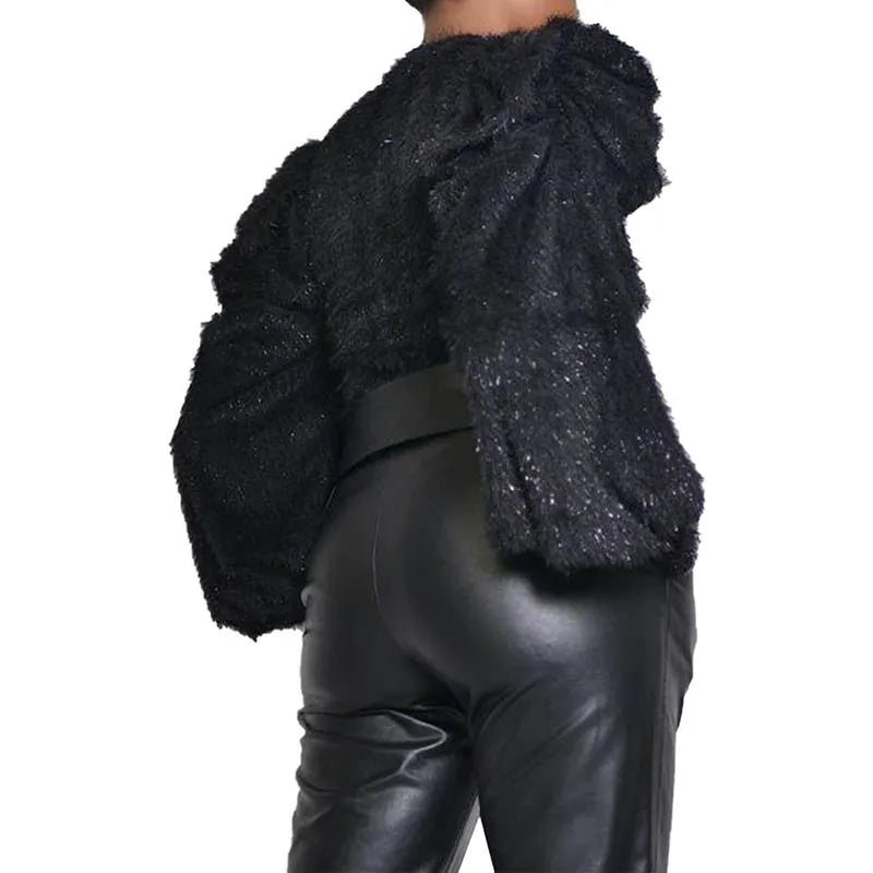 Sexy Knit Pleated Puff Sleeve Sweatshirt