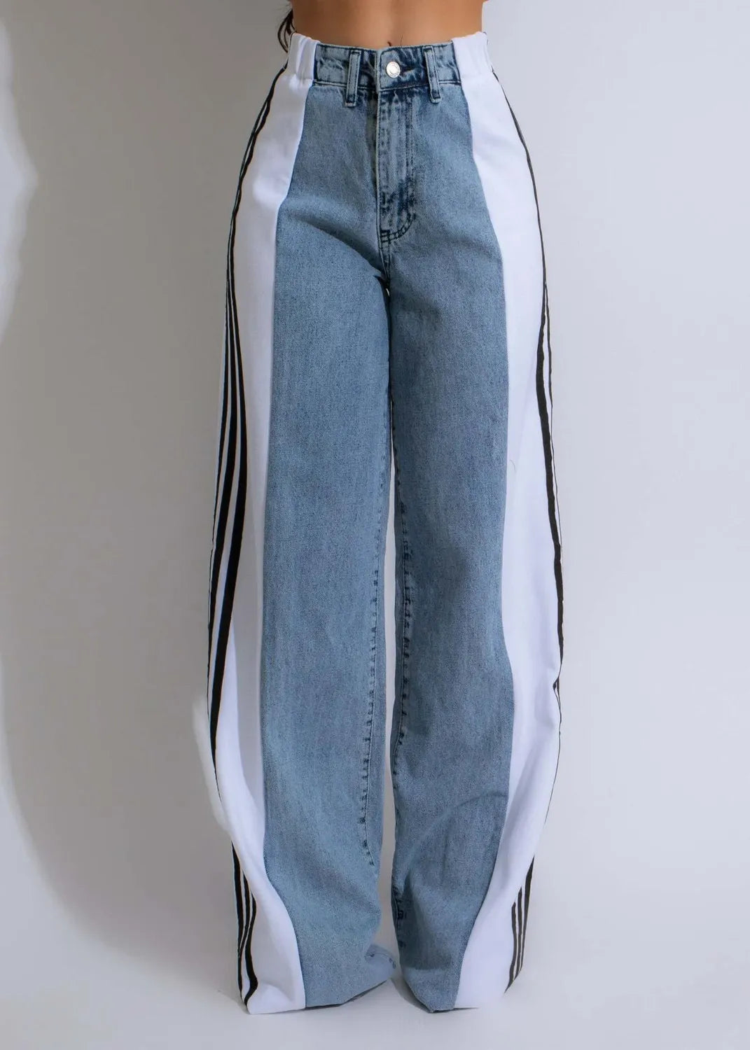 Stripe Splicing Jeans Denim High Waisted Button Straight Trousers