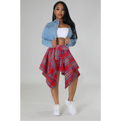 Summer Printed Preppy Style High Waist Plaid Belted Midi Asymmetrical Skirts
