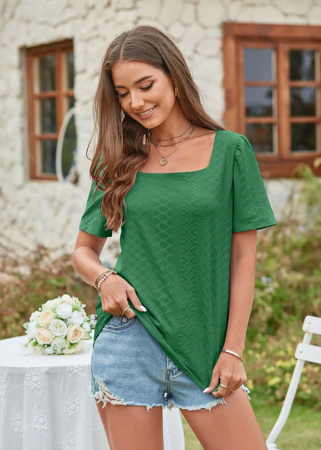 Square Collar T-shirt Hole Short Sleeve Casual Tops