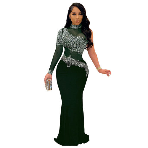 Plus Size Hot Drilling Mesh Long Gowns Formal Party Wear Evening Dresses