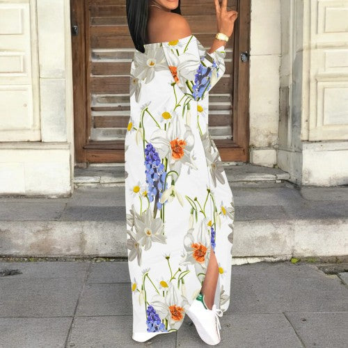 CASUAL PRINT OFF SHOULDER SLIT MAXI DRESSES