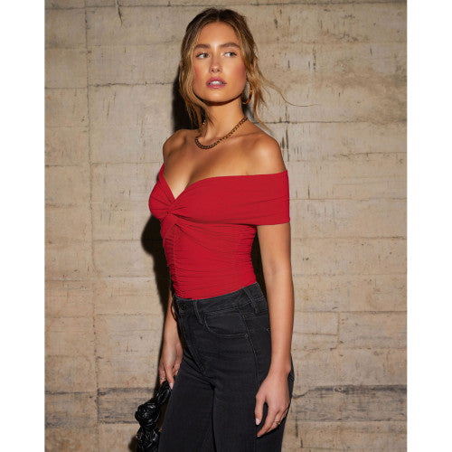 Sexy V-neck Knot Cross-shoulder Pleated T-Bodysuit Tops