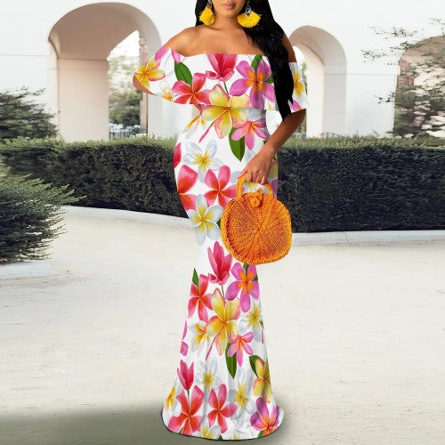 Casual Print Off Shoulder Maxi Dresses