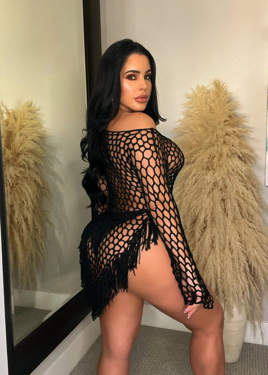 SEXY HAND HOOK TASSEL SEE-THROUGH BEACH DRESS