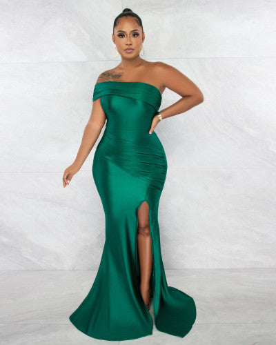 Drape Single Shoulder Side Slit Maxi Dress
