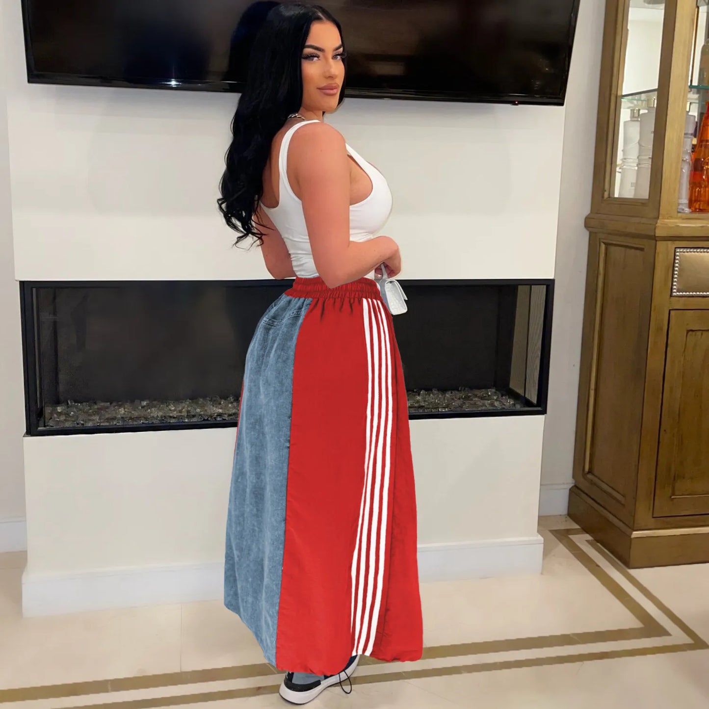 Retro Denim Patchwork Stripes A-Line Loose Skirt