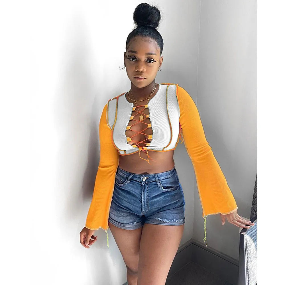 Sexy Contrast Color Stitching Pit Lace-up Crop Top