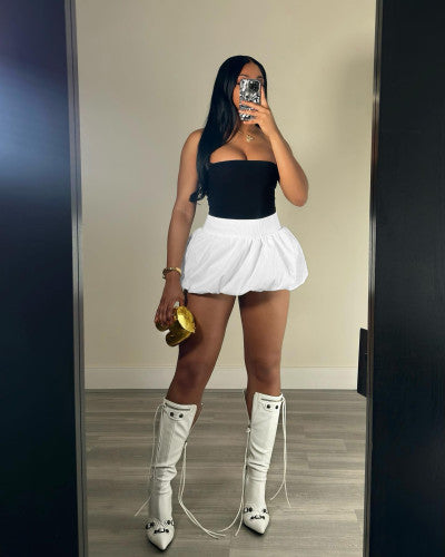 Solid Color Elastic Bubble Mini Pleated Skirt