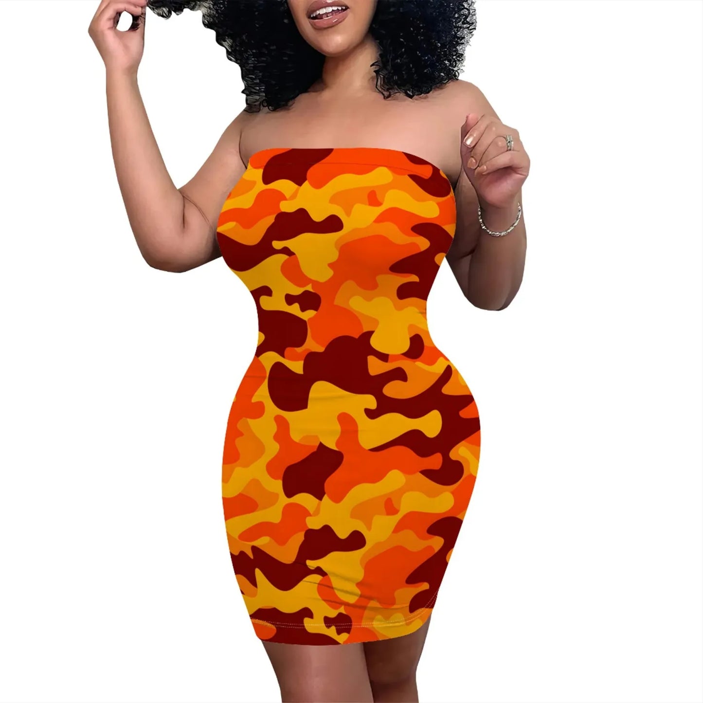 1 Piece Custom Casual Print Camouflage Strapless Bodycon Dress